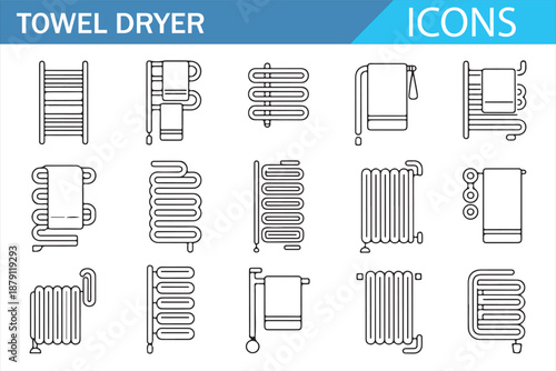Towel Dryer and Bathroom Radiator Icons Collection, Clean Linear Vector Design
