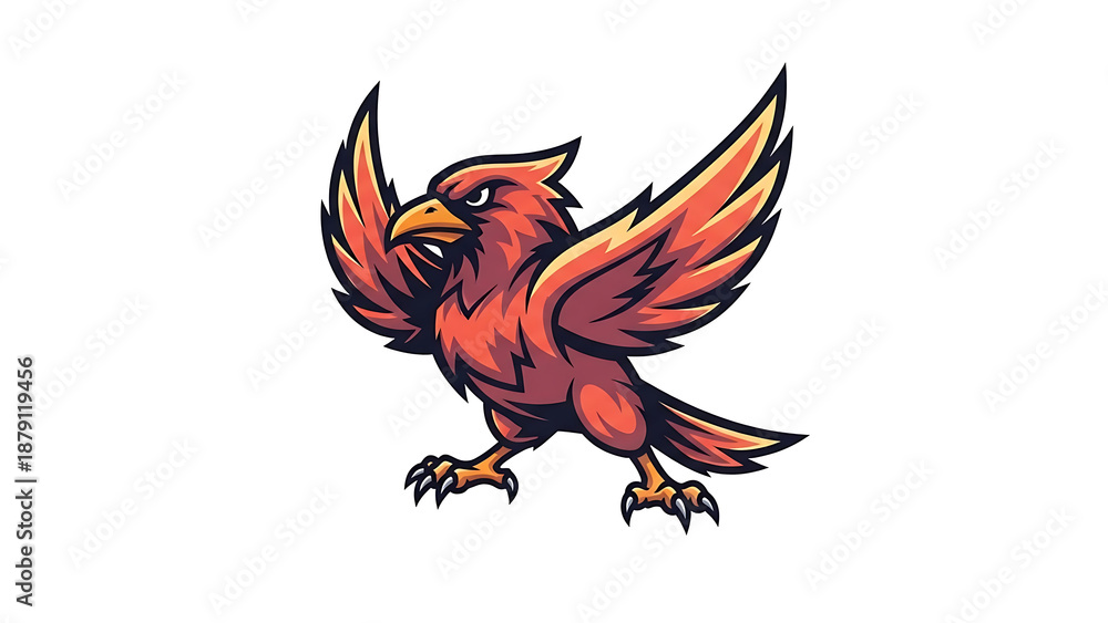 Fototapeta premium Red and orange bird with wings spread isolated on a transparent background