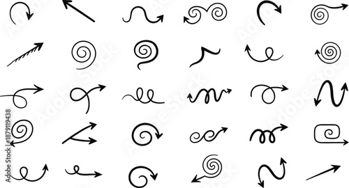 Collection of various handdrawn curved arrows and swirling symbols for design and illustration purposes