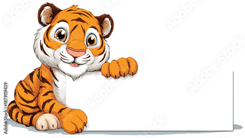 Adorable Tiger Cartoon with Blank Sign Vector Illustration for Designs