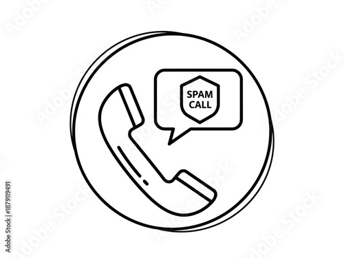 A stylish handdrawn line art icon of a telephone receiver with a speech bubble indicating spam call inside a circle symbolizing unwanted or fraudulent calls alert