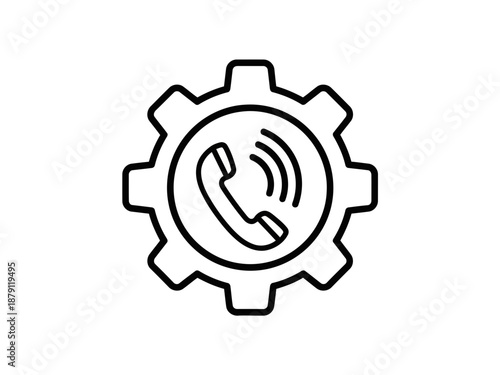 A nice Line icon of a gear with a ringing telephone receiver inside with three black lines symbolizing customer support technical assistance or call settings in a simple black and white outline style