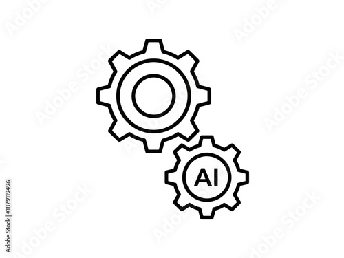 Two fine outlined interlocking gears icon one containing the letters AI representing artificial intelligence machine learning automation and technology concept simple line art vector