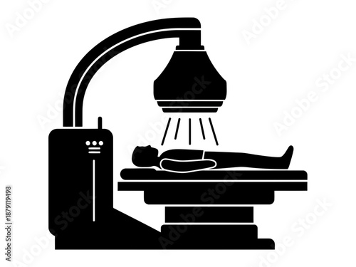A silhouette icon of medical xray machine scanning a patient lying on a table medical diagnostic procedure icon black and white silhouette