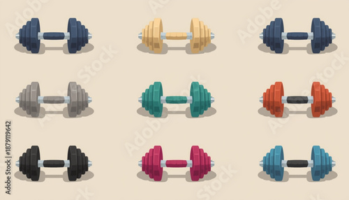 health A set of colorful dumbbells in a flat vector graphic design for fitness and workout illustrations