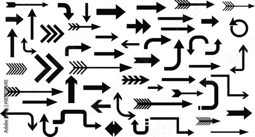 Many various black arrows on white background for navigation and direction  many arrows
