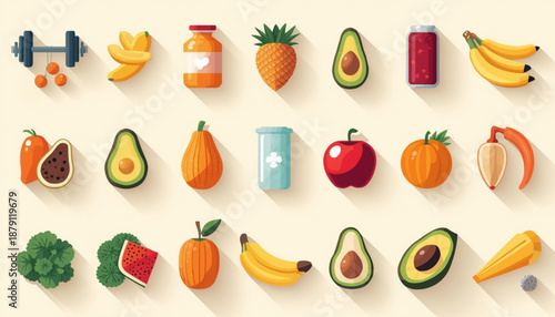 health A colorful vector graphic illustration of various healthy food icons and a dumbbell for fitness and nutrition