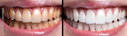 Close-up comparison of a young woman’s smile before and after professional teeth whitening, showing visibly whiter teeth and improved appearance.