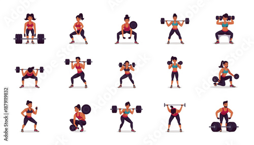 health A vector graphic illustration of a woman performing various exercises with dumbbells in a modern fitness setting