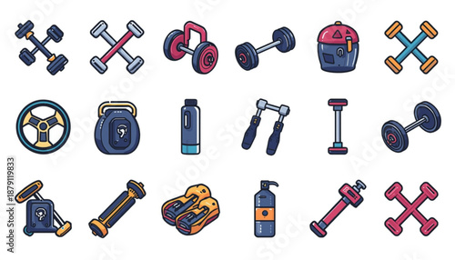 health A colorful vector graphic illustration of various fitness icons and equipment on a white background