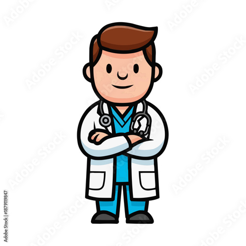 A cartoon doctor standing with his arms crossed wearing a white lab coat