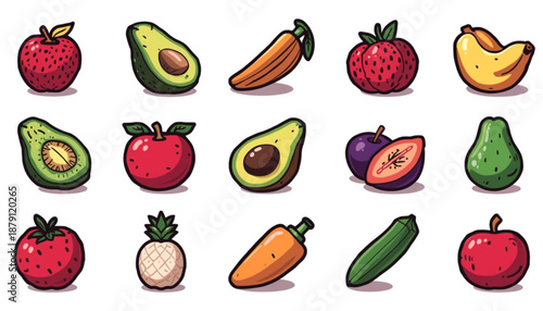 health A colorful vector graphic illustration of various fruits and vegetables in a cartoon style