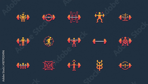 health A set of colorful vector icons depicting people exercising with dumbbells and barbells in various poses and styles.