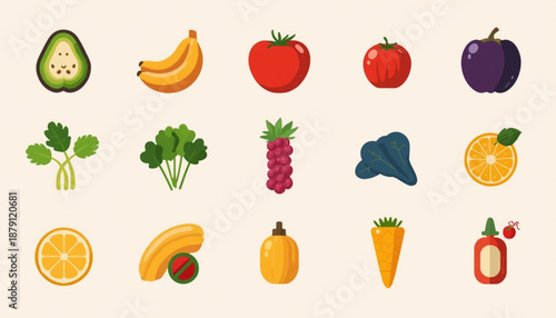 health A colorful vector graphic illustration of various fresh fruits and vegetables