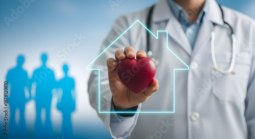 Doctor holding red heart inside house outline representing health care and medical protection for family.
