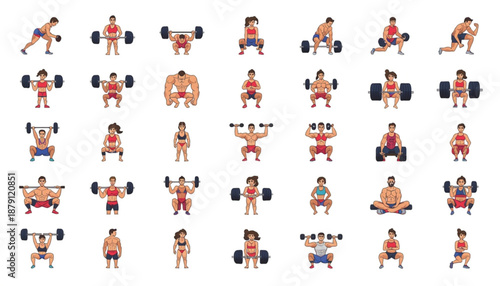 health A colorful vector graphic illustration of various people exercising with dumbbells in different poses and positions.