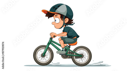 Funny Cartoon Boy Riding Bicycle Vector with Outline Isolated