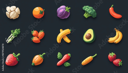 health A colorful vector graphic illustration of various fruits and vegetables icons on a dark background