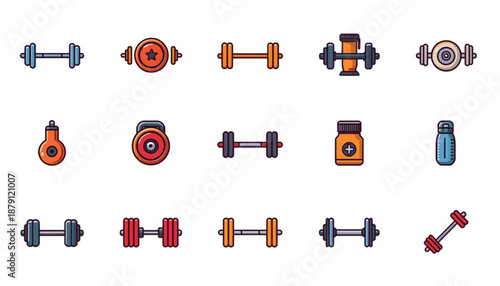 health A colorful vector graphic illustration of various fitness equipment icons, including dumbbells and a water bottle.