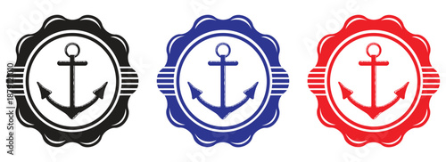 Set of colorful anchor icons in black, blue, and red