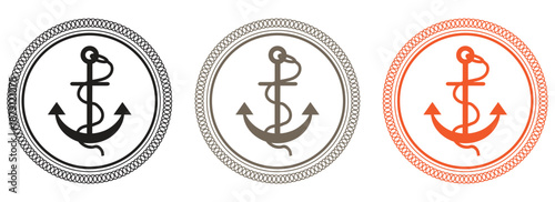 Nautical anchor logos in black, gray, and orange circular designs
