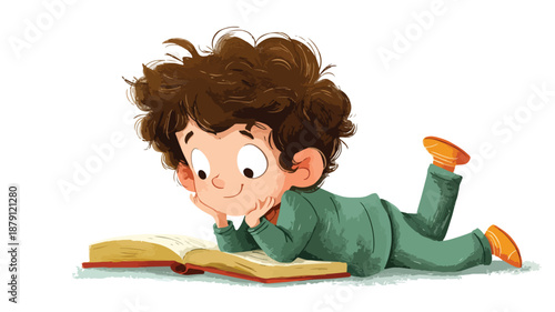 Cheerful Young Child Engrossed in Reading a Cartoon Book