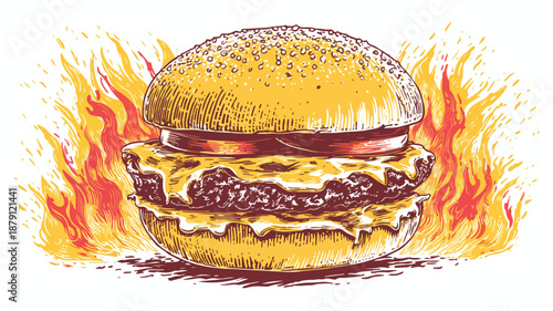 Sizzling Hot Burger on Fire Vector Illustration for Creative Designs
