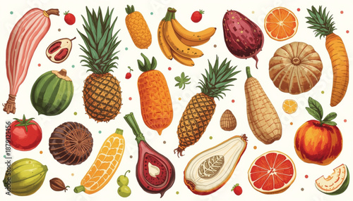 health A colorful vector illustration of various fruits and vegetables on a white background