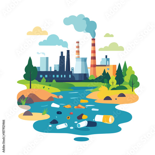 Conceptual vector illustration depicting ocean and environmental pollution, designed with clean lines and scalable elements for professional use. The artwork symbolizes plastic waste, polluted seas, a