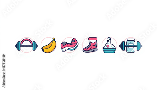 health A colorful vector graphic illustration of fitness icons including a dumbbell, banana, sneaker, boot, cake, and water bottle.