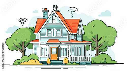 Modern House WiFi Line Art Design Vector Illustration for Real Estate Marketing