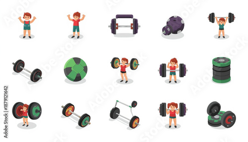 health A colorful vector graphic illustration of various fitness icons and equipment for a healthy lifestyle