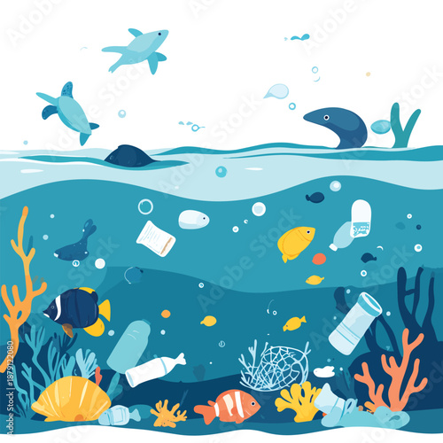Conceptual vector illustration depicting ocean and environmental pollution, designed with clean lines and scalable elements for professional use. The artwork symbolizes plastic waste, polluted seas, a