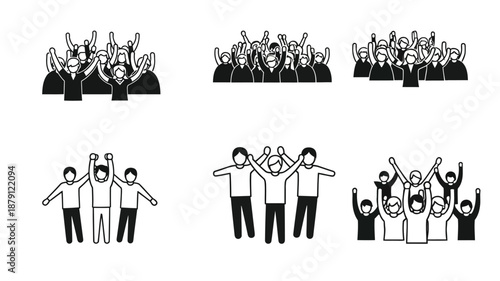 black and white illustrations of people celebrating and cheering in various group settings
