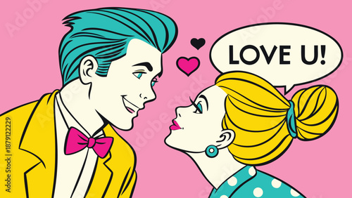 Retro pop art illustration of a couple in love bold lines and a striking silhouette