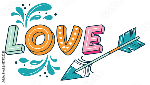 Colorful lettering spelling love with a heart pierced by an arrow a beautiful silhouette