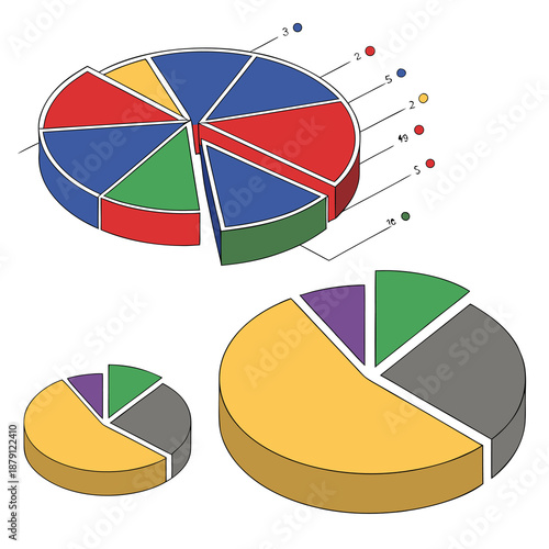 Detailed pie charts displaying proportional data with a unique three dimensional silhouette