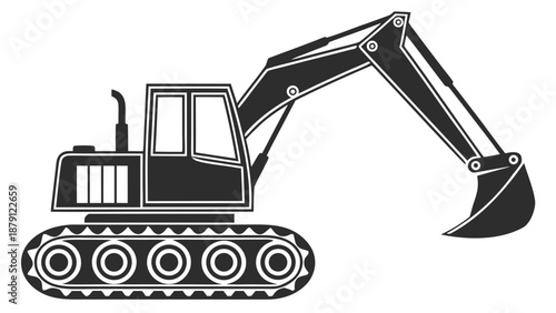 Detailed black and white illustration of a powerful excavator machine a striking silhouette