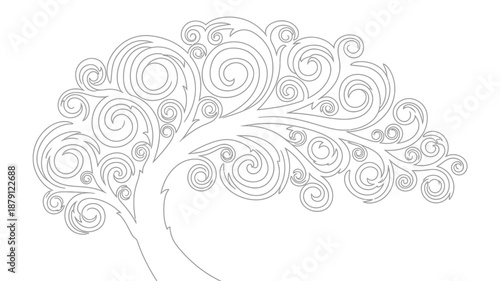 a black and white drawing of a tree with swirling designs
