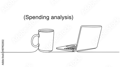 Line drawing of coffee mug and laptop for spending analysis  