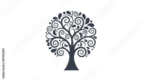 a black and white drawing of a tree with swirly branches and leaves