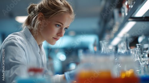 A focused young scientist in a lab coat analyzes experiments, surrounded by glassware and colorful liquids, showcasing a commitment to scientific discovery.