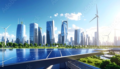 Sustainable Metropolis: A visionary cityscape seamlessly merges modern architecture with renewable energy, symbolizing a commitment to a greener future and environmentally conscious living.