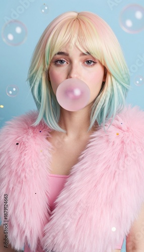 Wallpaper Mural Playful Portrait of a Young Woman Chewing Bubblegum in Pastel Colors Torontodigital.ca