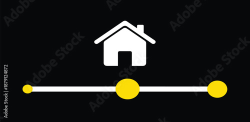 Modern digital graphic white home icon above horizontal slider with yellow markers. Represents navigation, settings, or progress for user interfaces and application design