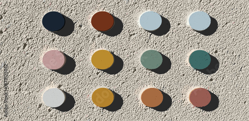 Harmonious collection of muted color swatches on a natural textured surface, inspiring modern interior design concepts, thoughtful branding palettes, and contemporary aesthetic projects