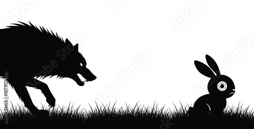 Fearful rabbit faces menacing wolf in grassy landscape