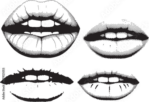 A close-up stipple art illustration of open lips and teeth in black and white