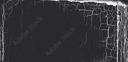 Abstract close-up view of weathered, cracked, and peeling paint on a dark, textured surface, showcasing a distressed, aged aesthetic