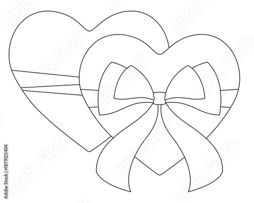 Two hearts tied with a ribbon and a bow, a Valentine's Day card with a pair of hearts - vector linear image for coloring. Outline. Valentine's Day card for Valentine's Day decor.